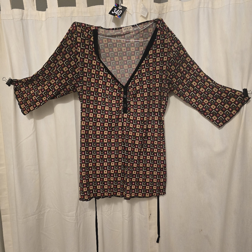 #340 Red Geometric Patterned Belted Blouse - image 2